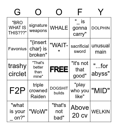 Genshin ACC review bingo Card