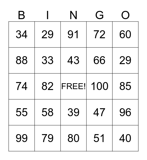 Number Bingo Card