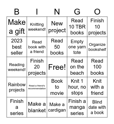 Knitting and Reading Bingo Card