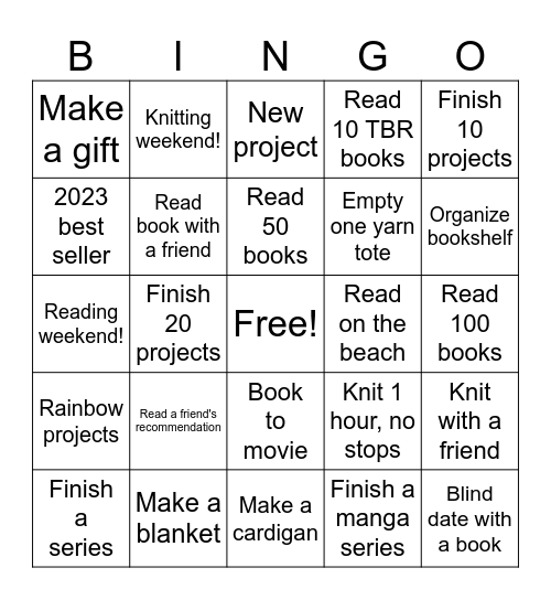 Knitting and Reading Bingo Card