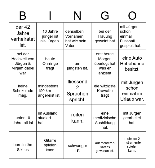 Finde einen Gast der … Bingo Card