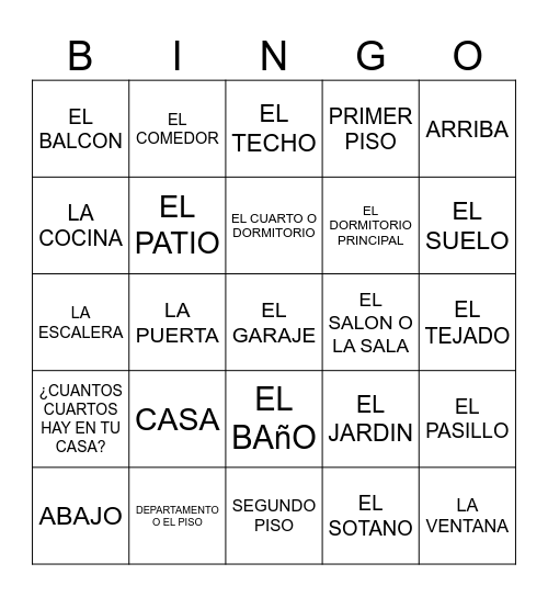 PARTES DE LA CASA Bingo Card
