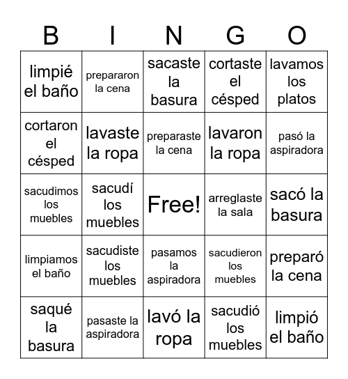 Los Quehaceres Pretérito Bingo Card