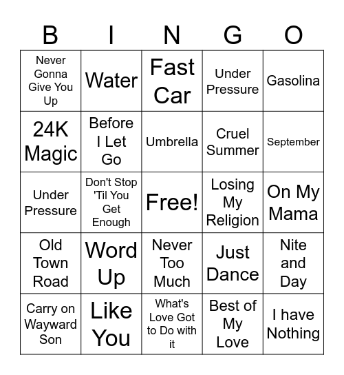 Music Bingo Card