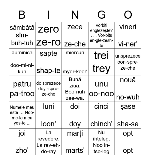 Romanian Bingo Card