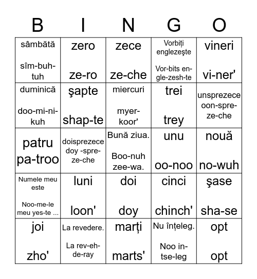 Romanian Bingo Card