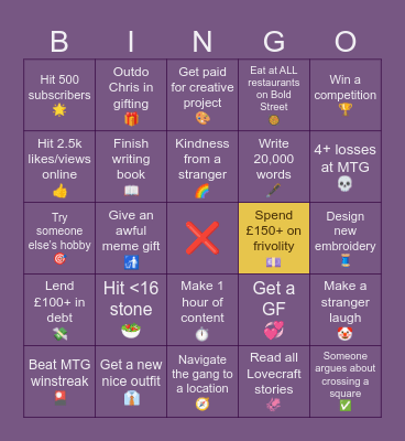 ZAC’S BINGOAL 2024 Bingo Card