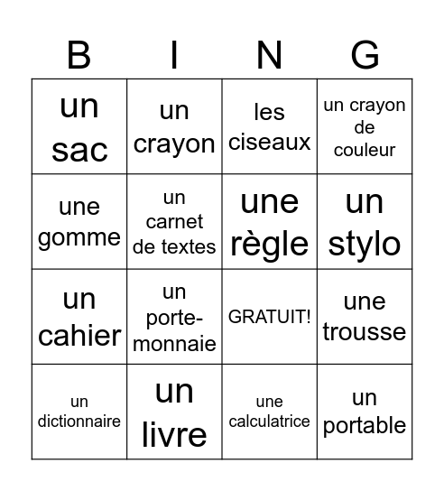 School Bag Bingo Card