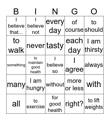 U4C1 The Non-Food-and-Drink Words Bingo Card