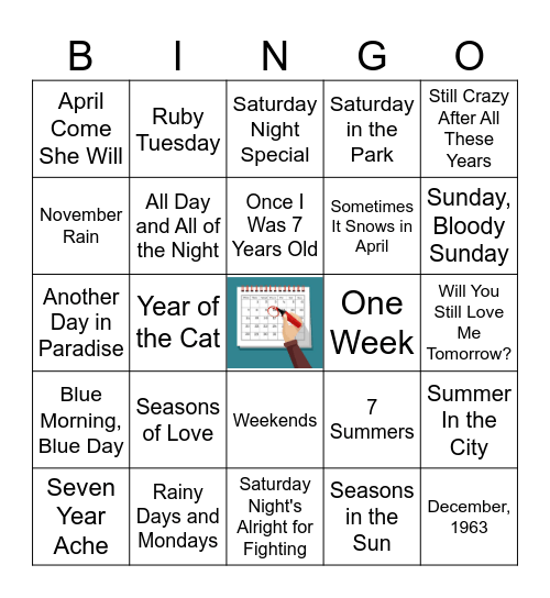 All These Years (Calendar Songs) Bingo Card