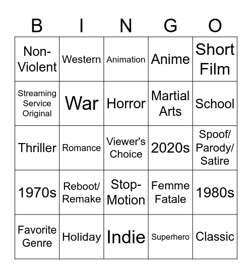 Movie/TV Bingo Card