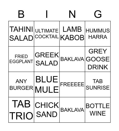 TABBULI BINGO!!!!! Bingo Card