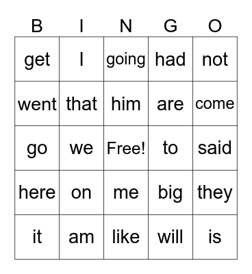 Sight Words Bingo Card