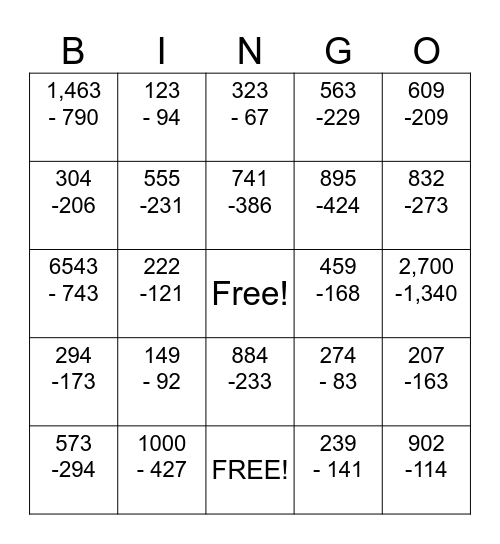 Triple Digit Subtraction Bingo Card
