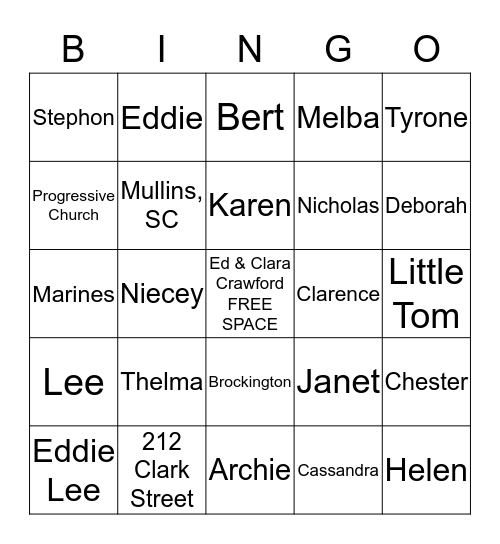 Crawford Family Reunion 2016 Bingo Card