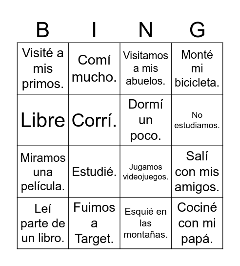 Durante las vacaciones (Pretérito - yo/nosotros) Bingo Card