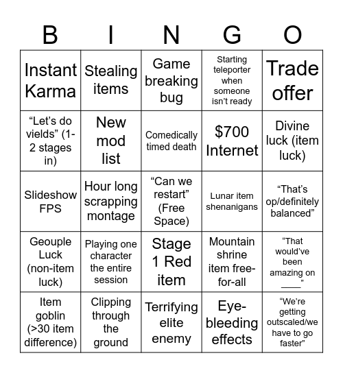 Risk of Rain Modded is Bingo Card