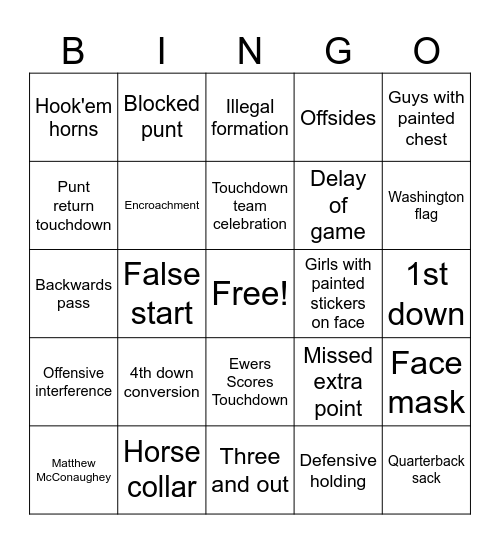 Texas vs Washington Bingo Card