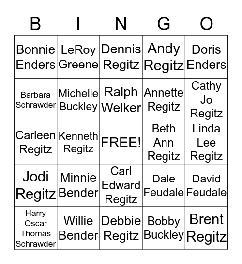 Regitz Family Reunion 2016 Bingo Card