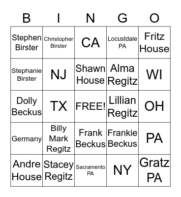 Regitz Family Reunion 2016 Bingo Card