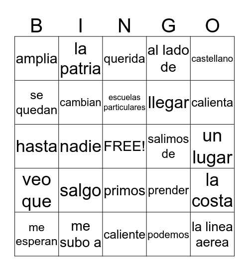 Vocabulario (cap. 3, Casi)  Bingo Card