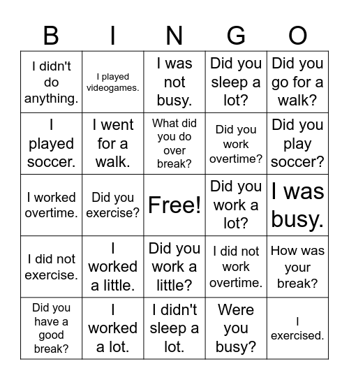 How Was Your Break? Bingo Card