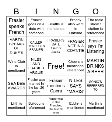 TV Bingo (Frasier) Bingo Card