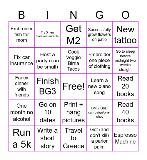 2024 Goals Bingo Card