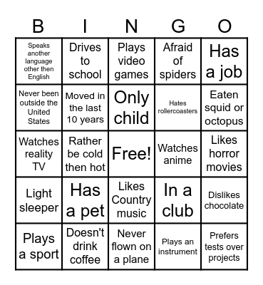 Ice Breaker Bingo Card