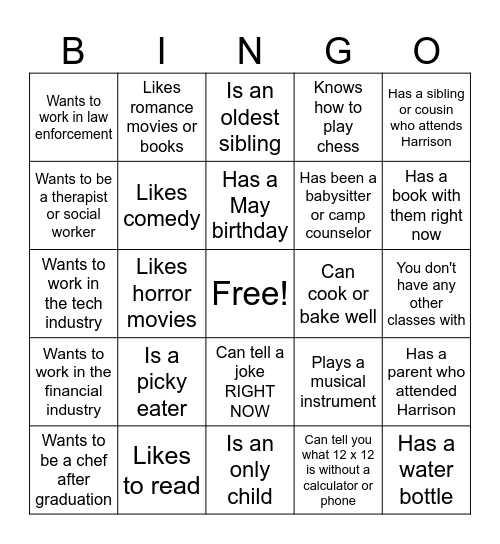 Know Your Classmates! Bingo Card