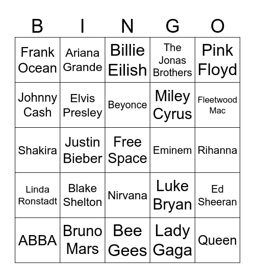 Famous Musical Artists Bingo Card