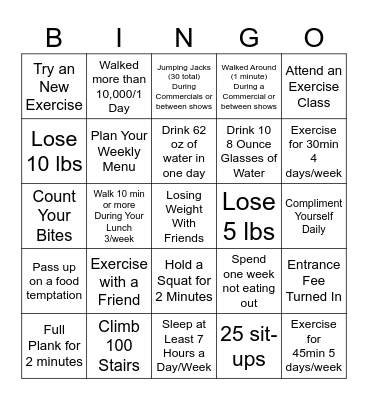 Biggest Loser Bingo Archuleta Bingo Card