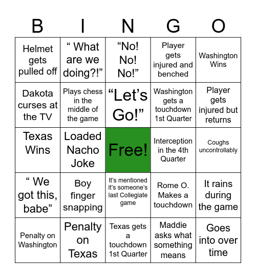 Sugar Bowl Bingo Card