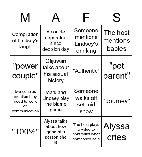 Married at First Sight Bingo Card