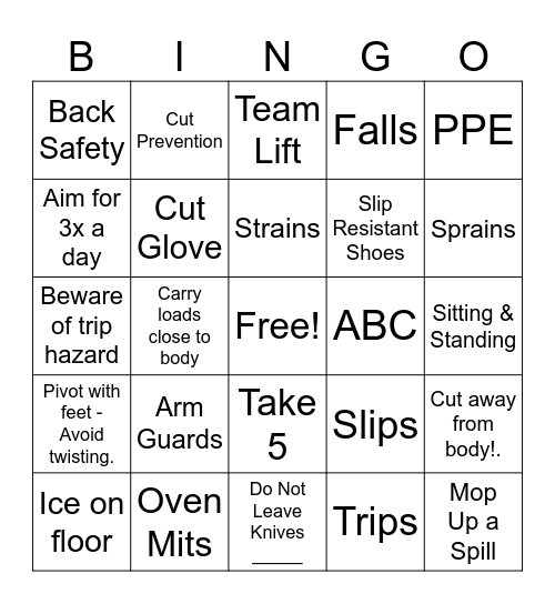 Safety BINGO - Chartwells Beloit Bingo Card
