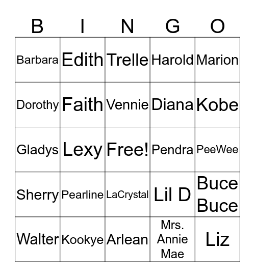 Wiley Family Bingo Card