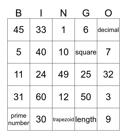 Math Bingo Card
