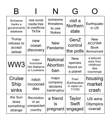 2024 Predictions Bingo Card