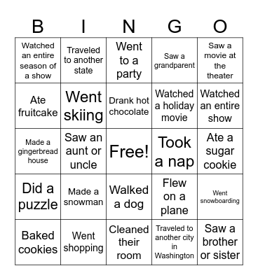 Winter Break Bingo Card