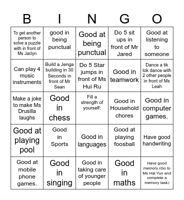 Who is good at what? Bingo Card