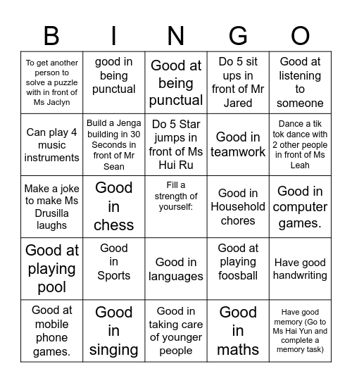 Who is good at what? Bingo Card