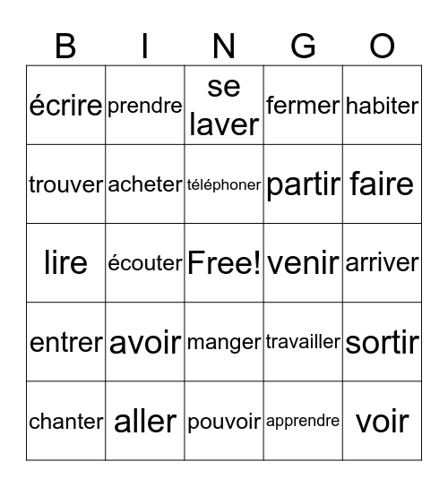 Les verbes. Bingo Card