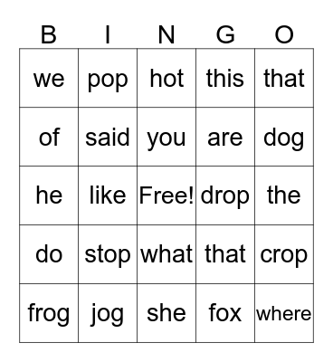 Sight words and /o/ words Bingo Card