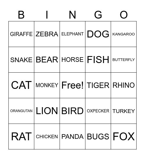 ANIMALS Bingo Card