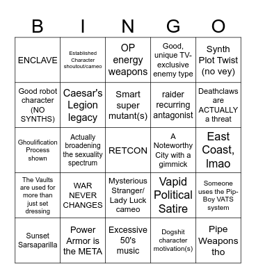 Fallout Amazon TV show Bingo Card