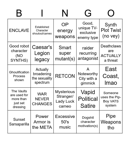 Fallout Amazon TV show Bingo Card