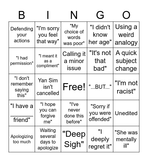 Bad Apology BINGO 2.0 Bingo Card