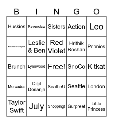 Simreet's Bridal Shower Bingo Card
