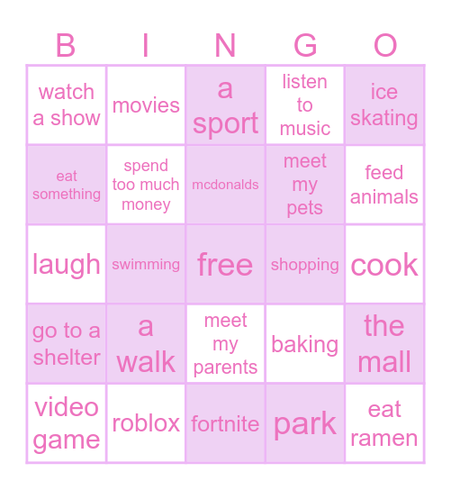 things to do w me Bingo Card