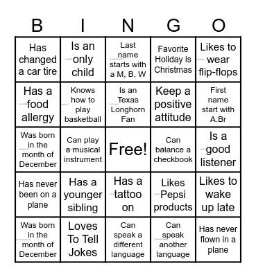 Get To Know You Bingo Card